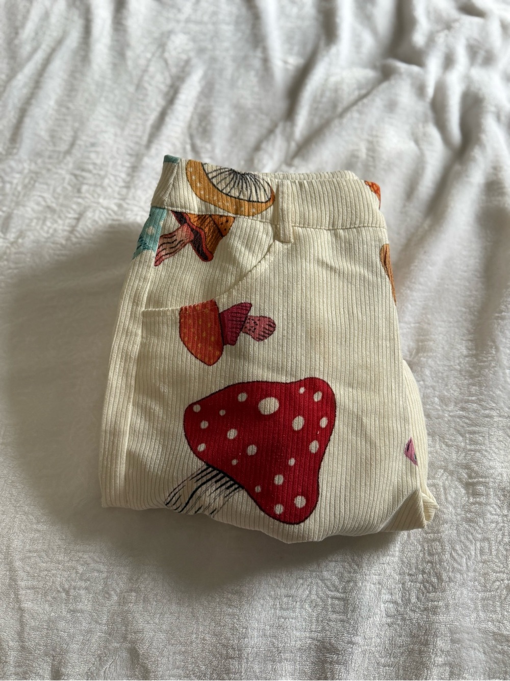 Cider Cream Corduroy Jeans with Red Mushroom Printi